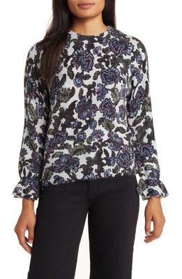 Wit & Wisdom Floral Print Flounce Cuff Sweater in Heather Grey/Blue Multi