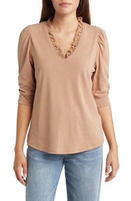 Wit & Wisdom Lace Trim Ruched Sleeve Top in Taupe