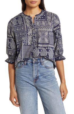 Wit & Wisdom Paisley Patchwork Button Front Top in Navy Oatmeal Multi