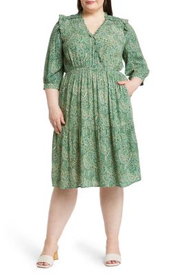 Wit & Wisdom Paisley Ruffle Shoulder Midi Dress in Cypress Green/Aqua Mist