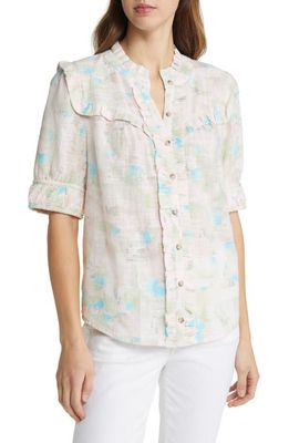 Wit & Wisdom Print Ruffle Accent Blouse in Willow Green/Blue Multi