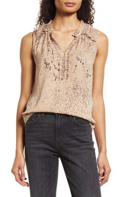 Wit & Wisdom Print Ruffle Sleeveless Blouse in Straw/Pewter