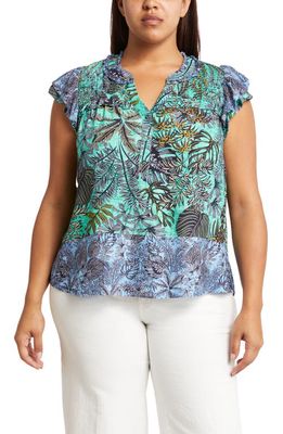 Wit & Wisdom Ruffle Short Sleeve Blouse in Jade/Cornflower Multi