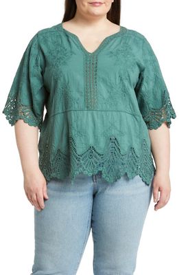 Wit & Wisdom Scallop Lace Trim Cotton Top in Cypress Green