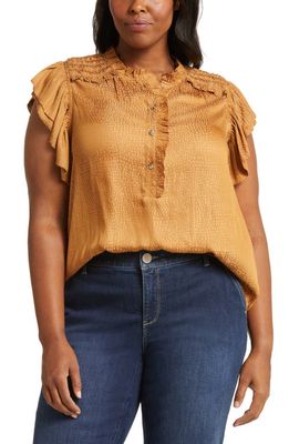 Wit & Wisdom Smocked Ruffle Top in Toasted Acorn