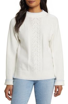 Wit & Wisdom Whipstitch Trim Cable Sweater in Off White/Powder Blue