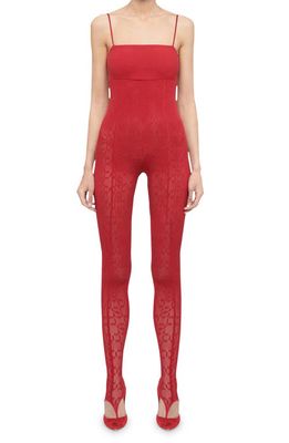 Wolford Intricate Sheer Pattern Thong Stirrup Jumpsuit in Autumn Red