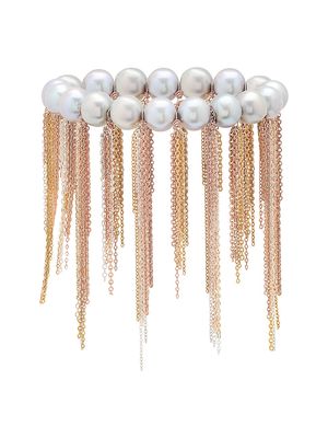 Women's 10-11MM White Pearl & Tri-Tone Chain-Fringe Stretch Bracelet