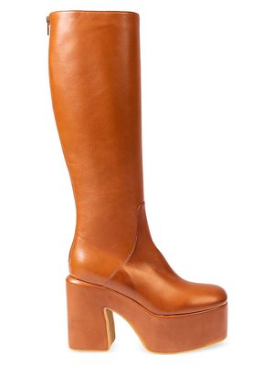 Women's 100MM Leather Platform Knee-High Boots - Tan - Size 10