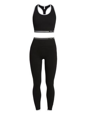 Women's 2-Piece Rib-Knit Sports Bra & Leggings Set - Black With White Tipping - Size Medium