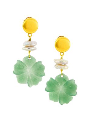 Women's 22K Gold-Plated, Jade Aventurine & Freshwater Pearl Flower Drop Earrings - Jade