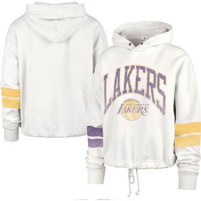 Women's '47 Cream Los Angeles Lakers Emerson Stripe Cropped Pullover Hoodie