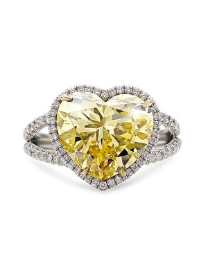 Women's 6.69 CTW Fancy Yellow Heart Shaped Diamond Halo Split Shank Cocktail Ring in 18kt Yellow Gold & Platinum - Size 4 - Yellow Gold - Size 4