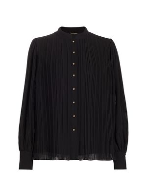 Women's Abbey Pleated Chiffon Button-Front Blouse - Noir - Size XS