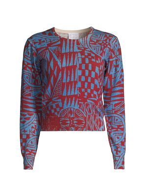 Women's Abstract Crop Pullover Sweater - Blue Multi - Size 2 - Blue Multi - Size 2