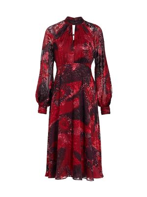 Women's Abstract Floral Chiffon Midi-Dress - Red Multi - Size 2