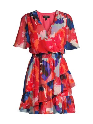 Women's Abstract Floral Tiered Minidress - Fiery Red Combo - Size 0