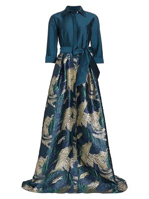 Women's Abstract Jacquard Tie-Waist Gown - Peacock Gold - Size 2