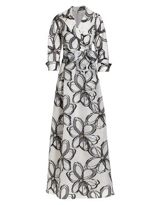 Women's Abstract-Print Embellished Organza Tie-Waist Gown - White Black - Size 14