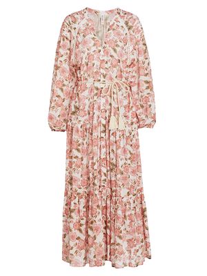 Women's Ada Floral Cotton Tie-Waist Midi-Dress - Peach Floral - Size Small - Peach Floral - Size Small
