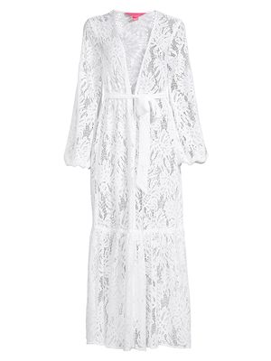 Women's Adela Belted Floral Lace Cover-Up Robe - Resort White - Size XS - Resort White - Size XS