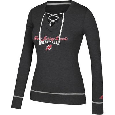 Women's adidas Heathered Black New Jersey Devils Skate Through Long Sleeve Lace-Up V-Neck T-Shirt in Heather Black