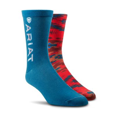 Women's Adobe Canyon Crew Socks 2 Pair Multi Color Pack in Red Turquoise, Size: Medium Regular by Ariat