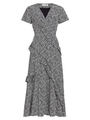 Women's Alisa Silk Leaf Midi-Dress - Geo Leaf Print - Size 2