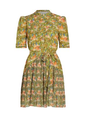 Women's Ally Silk Floral Pleated Minidress - Ficus Garden - Size 10