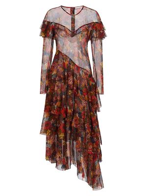 Women's Alouette Printed Silk Asymmetric Maxi-Dress - Moonlit Garden - Size XS
