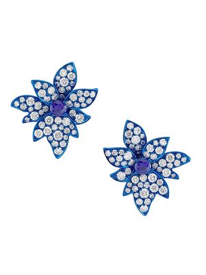 Women's Amazonia Fohlia Blue-Rhodium-Plated 18K White Gold, Blue Sapphire & 1.71 TCW Diamond Flower Stud Earrings - Blue Sapphire