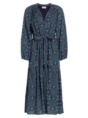 Women's Ambrose Belted Tiered Midi Dress - Indigo Flora - Size XS