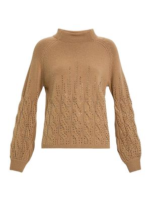 Women's Ambrosia Crystal Wool-Blend Cable-Knit Sweater - Camel - Size 16