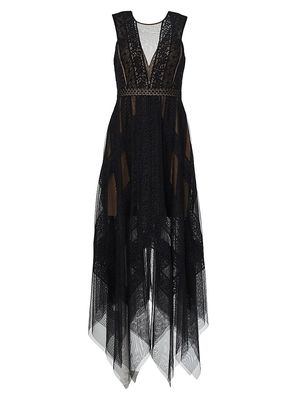 Women's Andi Asymmetric Lace & Tulle Maxi Dress - Black - Size 4 - Black - Size 4