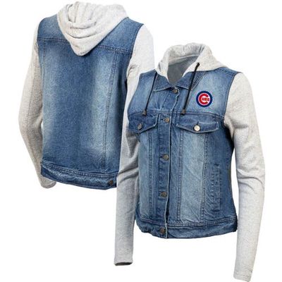 Women's Antigua Blue/Heathered Gray Chicago Cubs Swag Jean Bomber Jacket