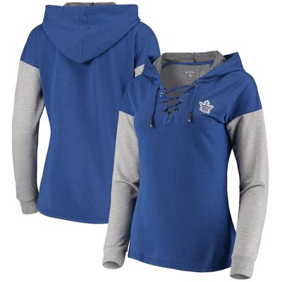 Women's Antigua Blue/Heathered Gray Toronto Maple Leafs Amaze Lace-Up Hoodie Long Sleeve T-Shirt