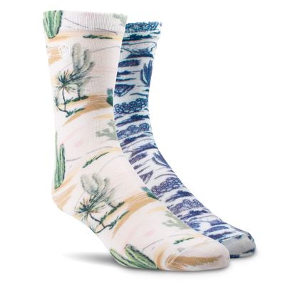 Women's Arid Landscape Crew Socks 2 Pair Multi Color Pack in Cactus Western Toile Spandex/Polyester by Ariat