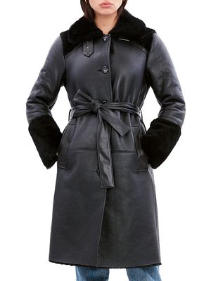 Women's Astrid Shearling & Leather Trim Coat - Black - Size XS