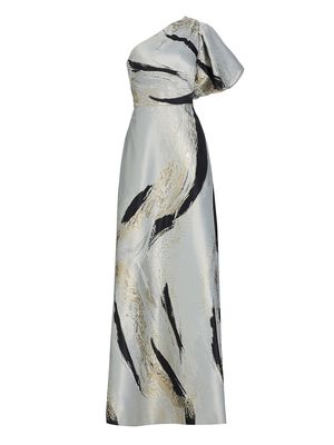 Women's Asymmetric Abstract Jacquard Gown - Grey Multi - Size 10