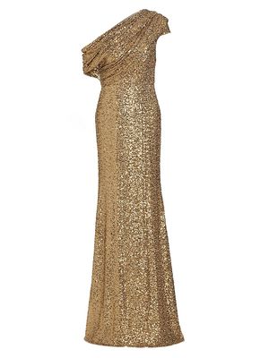 Women's Asymmetric Draped Sequin Gown - Gold - Size 2