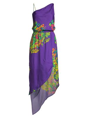 Women's Asymmetric Floral Midi-Dress - Purple Multi - Size Large