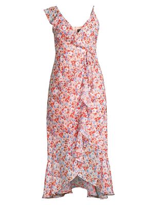Women's Asymmetric Floral Ruffle Midi-Dress - Painterly Floral - Size 0