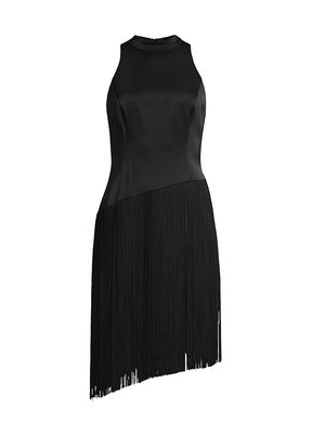Women's Asymmetric Fringe Satin Dress - Black - Size 0