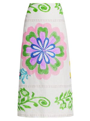 Women's Atira Printed Linen Midi-Skirt - Multi Floral - Size Medium