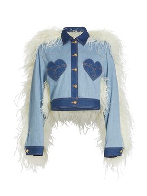 Women's Aura Feathered Denim Jacket - Light Blue Cream - Size 4 - Light Blue Cream - Size 4