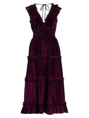 Women's Azalea Velvet Ruffled Tiered Midi-Dress - Plum Velvet - Size Large - Plum Velvet - Size Large