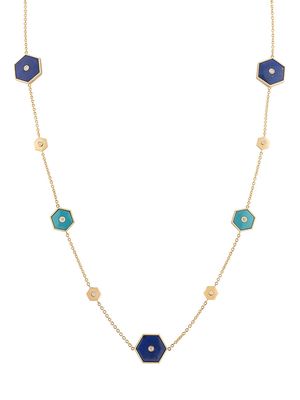 Women's Baia 18K Yellow Gold, Turquoise, Lapis Lazuli & 1.08 TCW Diamond Station Necklace - Yellow Gold - Yellow Gold