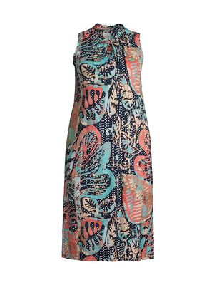 Women's Batik Stamp Linen-Blend Midi-Dress - Indigo Multi - Size 14 - Indigo Multi - Size 14