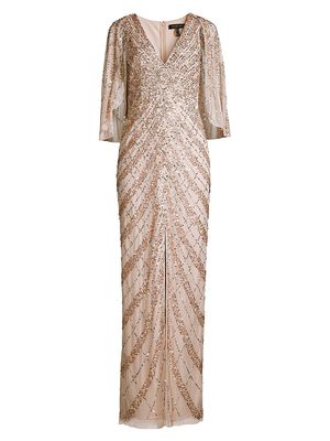 Women's Beaded & Sequined Cape Gown - Blush - Size 0 - Blush - Size 0
