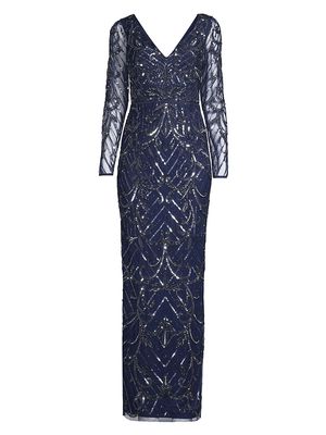 Women's Beaded & Sequined Column Gown - Navy - Size 10